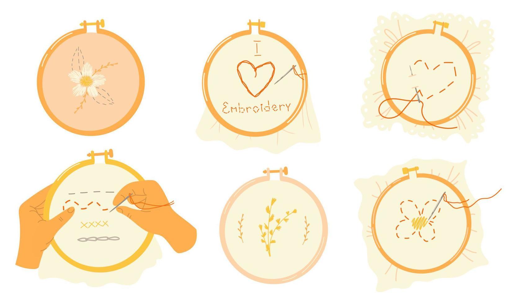 Embroidery hoops set with various stitched shapes decor on canvas. Vector hand drawn illustration.