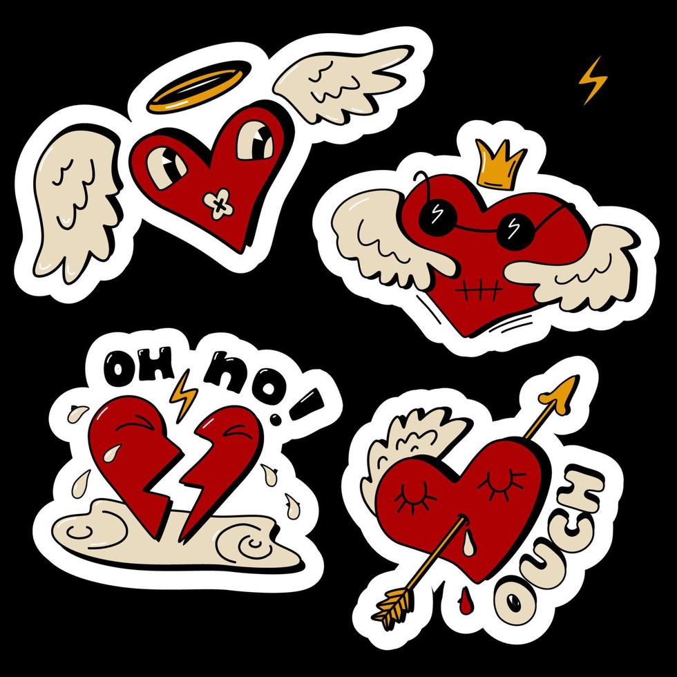 Anti-Valentine's Day stickers set. Broken heart, wounded heart clipart. Vector illustration in old cartoon retro style.