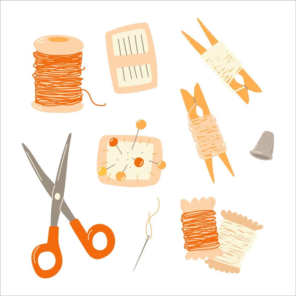 Sewing craft tools and materials. Scissors, threads, needles, thimble, pin cashion. Vector hand drawn set.