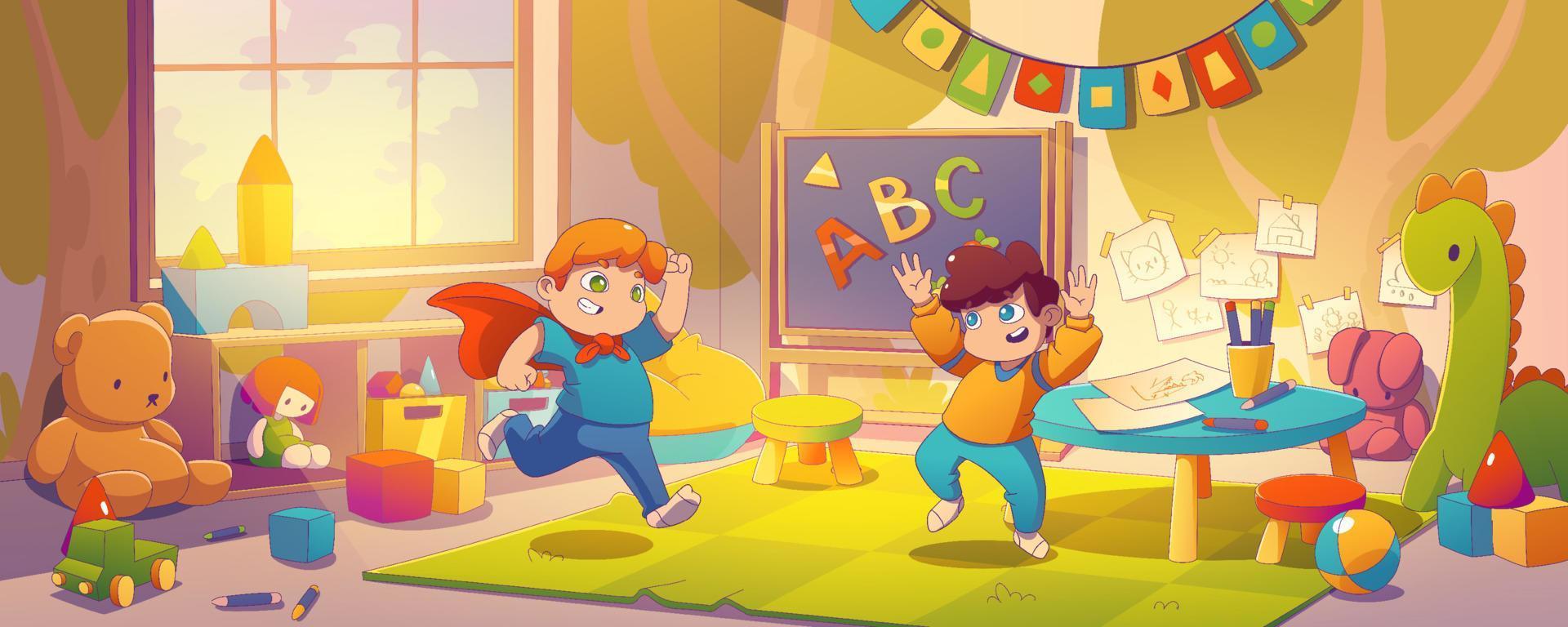 Kids play in kindergarten playroom. vector