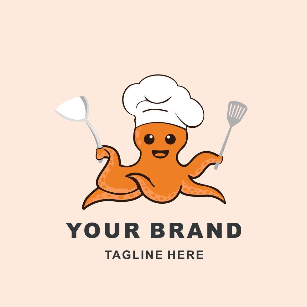 squid logo illustration wearing a chef's hat and cooking vector