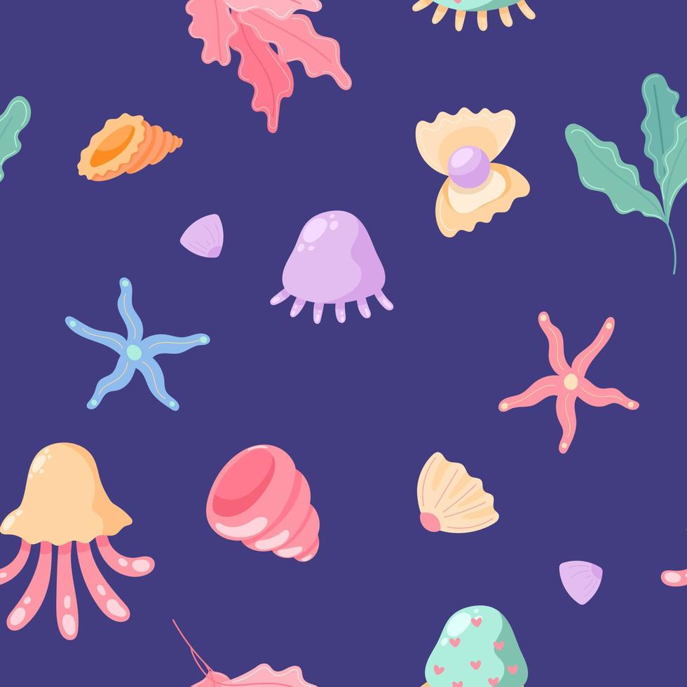 Hand drawn Seamless pattern with seashells, starfishes, jellyfish and seaweed. Vector image for kids digital textile fabric paper