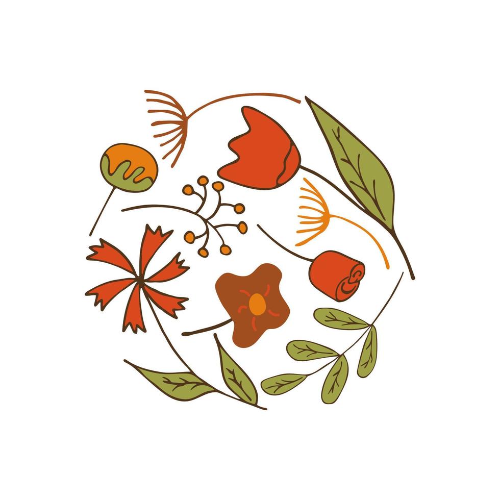 Spring and summer flowers and twigs in the shape of a circle vector