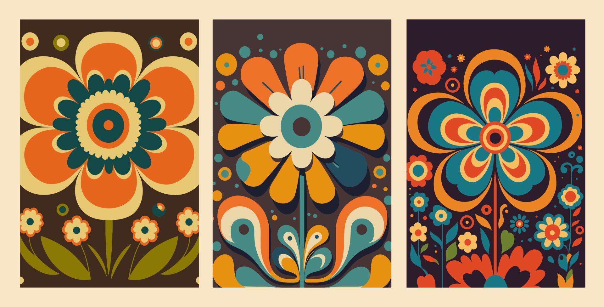 Fondos de estilo psicodélico o hippie de flores maravillosas. cartel de flores abstractas vector