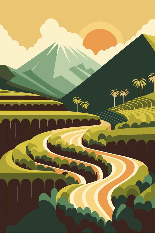 rice field terraces in mountains landscape poster vector flat color illustration background
