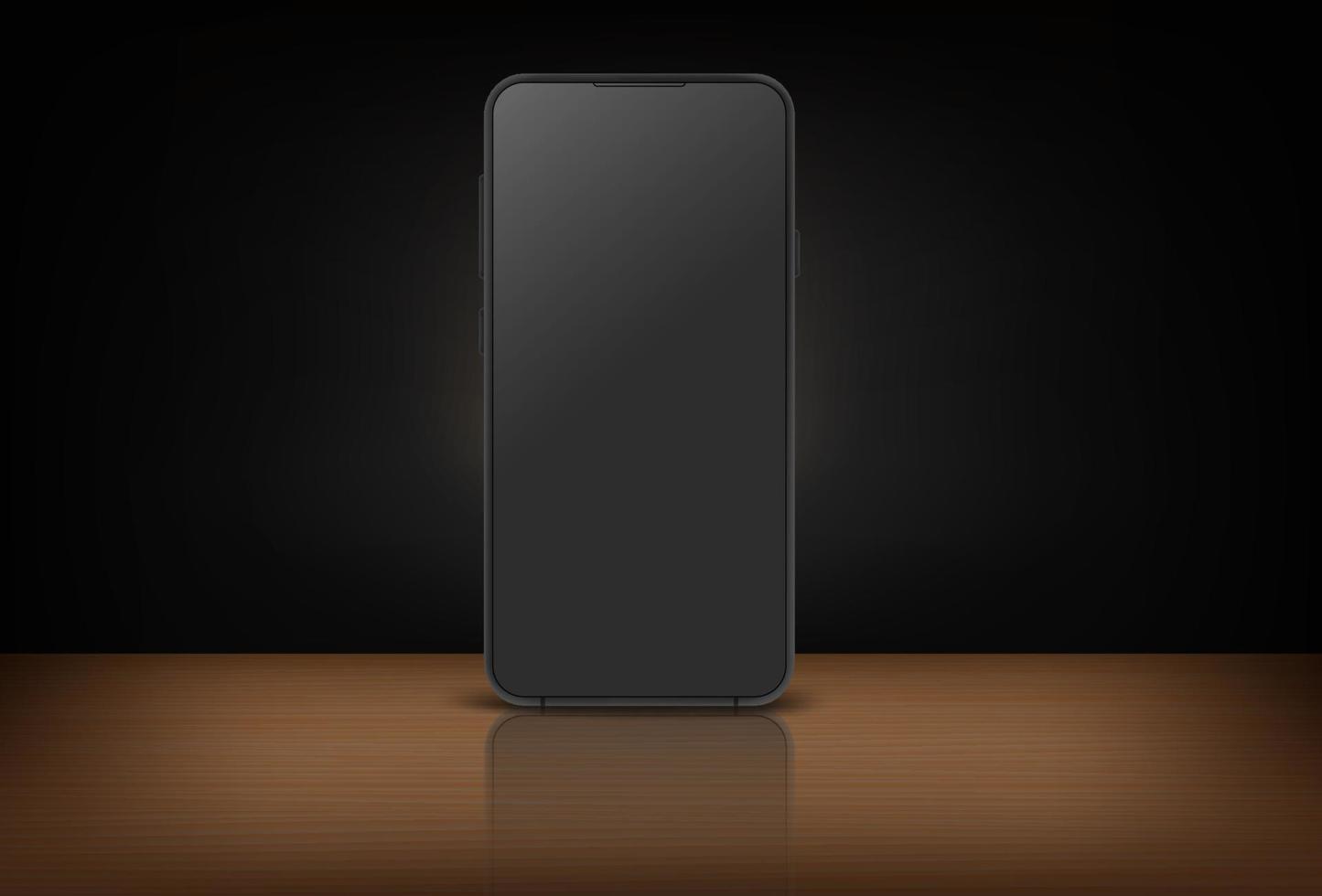 Modern mobile phone with black screen and reflection on a table. 3d vector mockup
