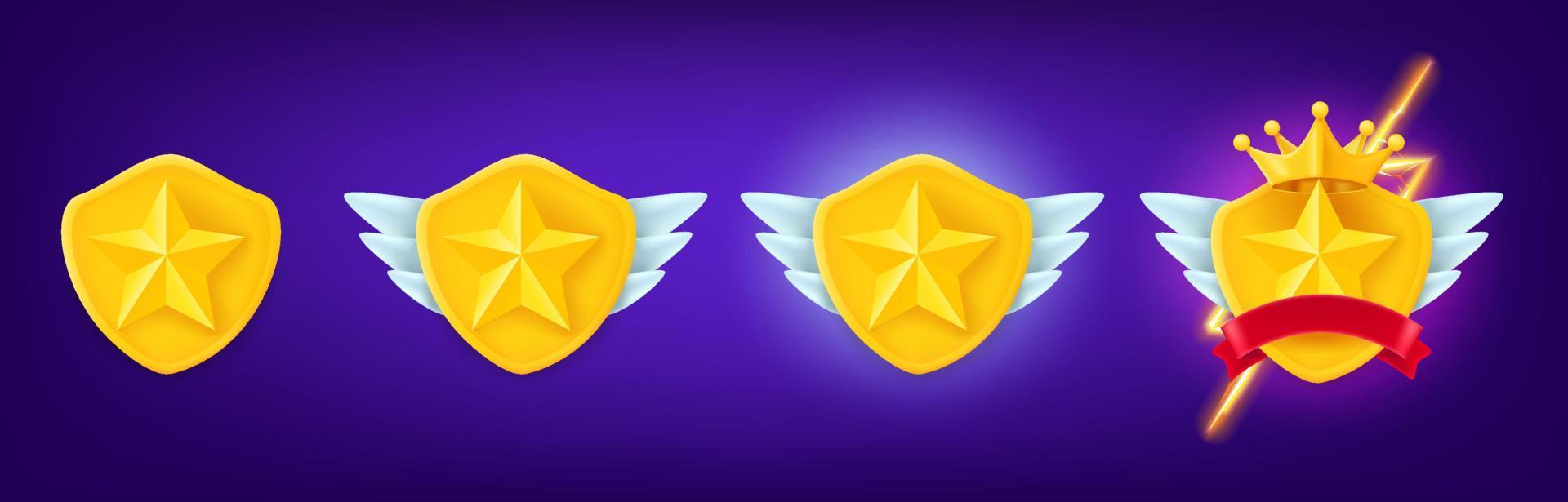 Different rank emblems. Golden game achievement badges collection. 3d vector clipart
