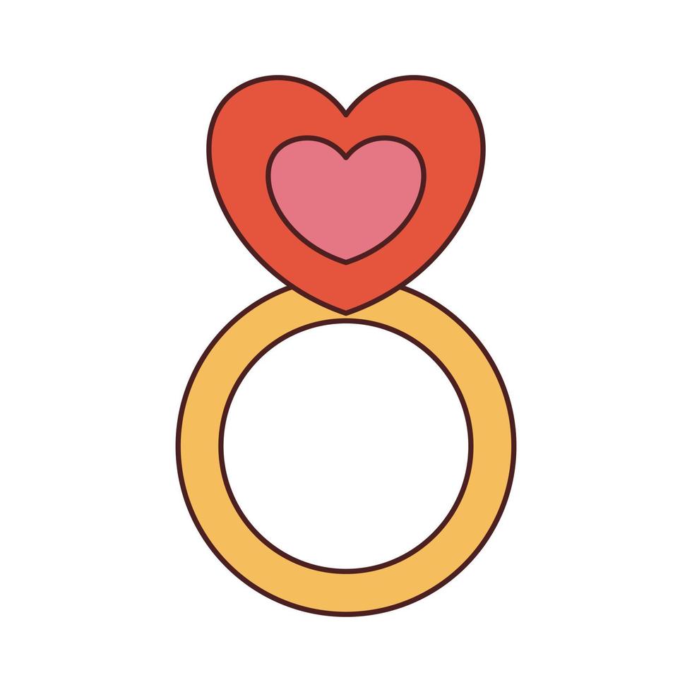 Vector ring with heart in retro style. Groovy jewelry 70s 90s. Y2k illustration with heart shaped ring in flat design.