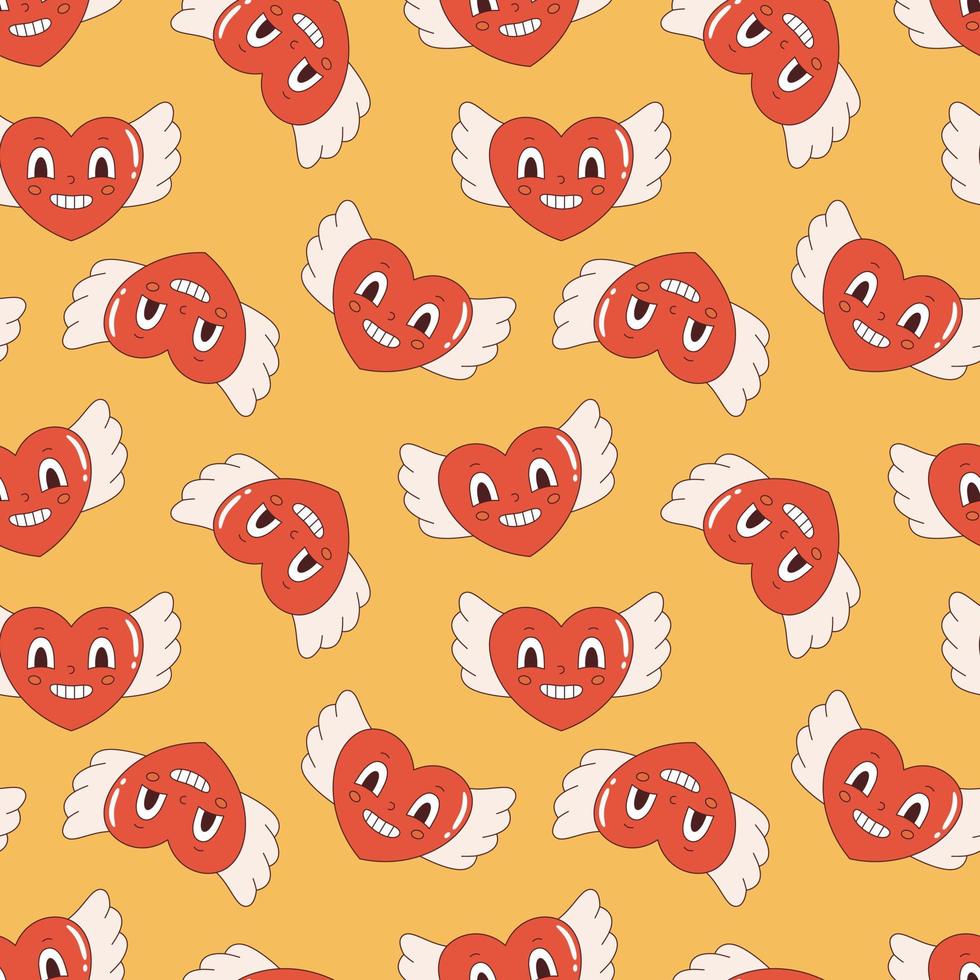 Vector retro seamless pattern with funny flying hearts. Heart shaped characters with wings on yellow background y2k. Valentines day. Groovy pattern in flat design. Love and romance.