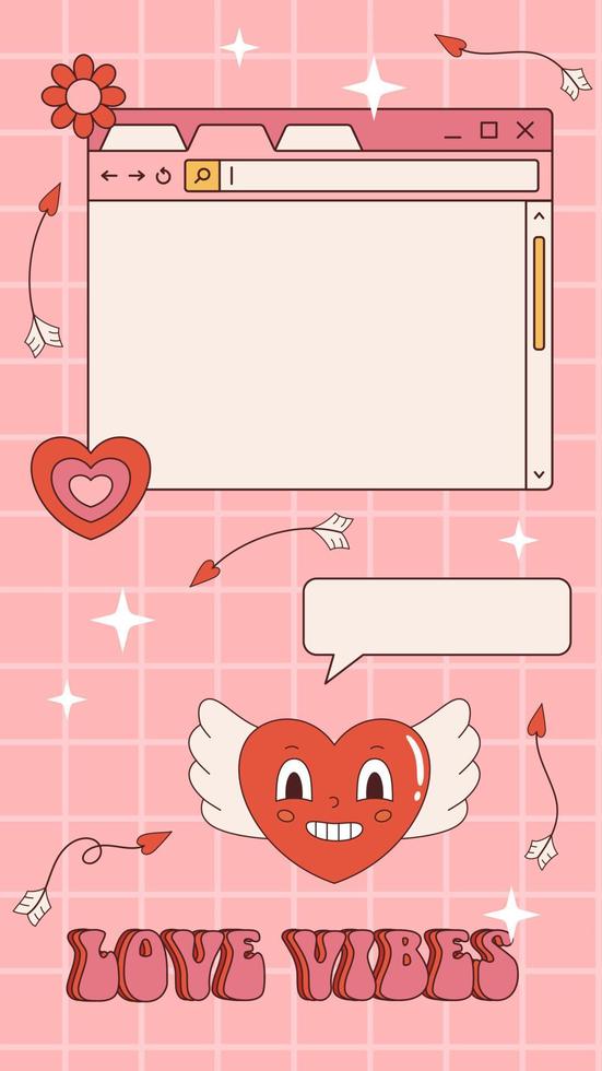 plantilla de historias vectoriales retro ig para el día de san valentín. marco vintage para texto 90s y2k. fondo de amor y romance con corazones y estrellas. diseño de redes sociales. ventana del navegador vaporwave y corazones. vector