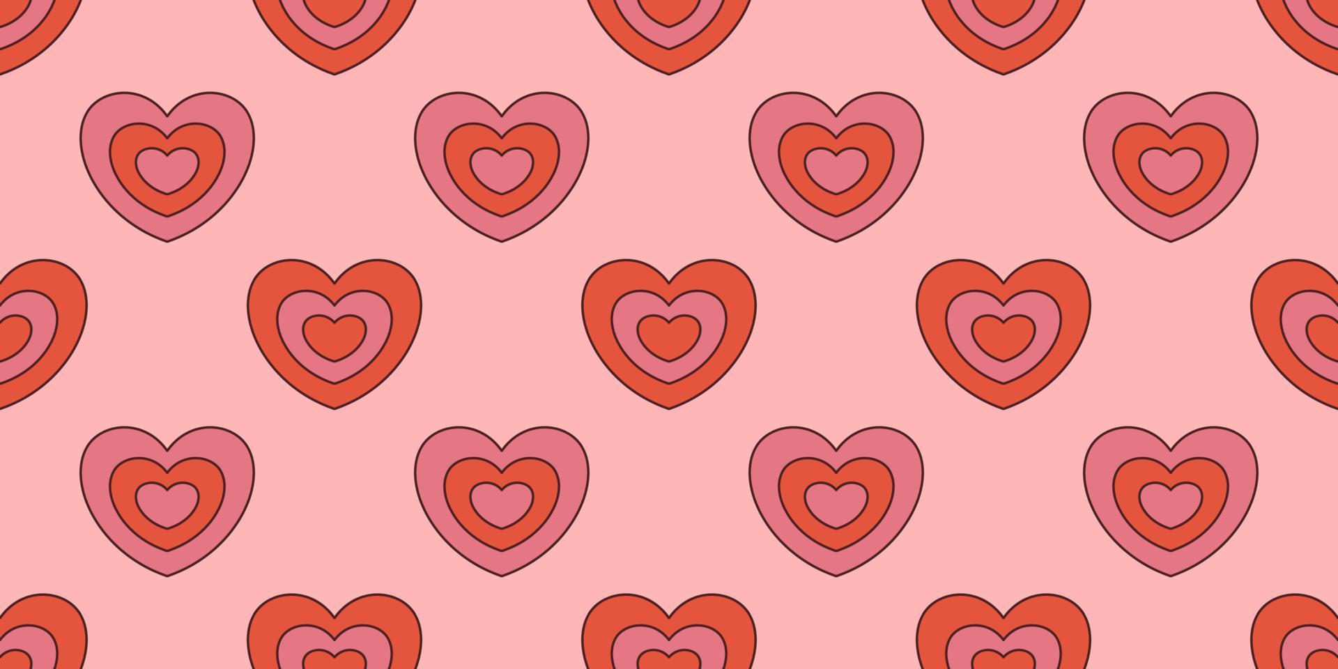 vector retro de patrones sin fisuras con lindos corazones rojos. corazones divertidos sobre fondo rosa. Feliz día de San Valentín. amor y romance.