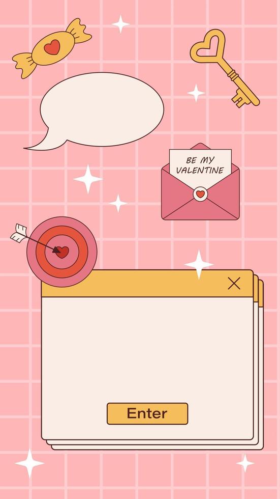 Vector retro Ig stories template for Valentines day. Vintage frame for text 90s y2k. Romantic background with hearts and stars. Love. Social media design. Modal window with enter button.