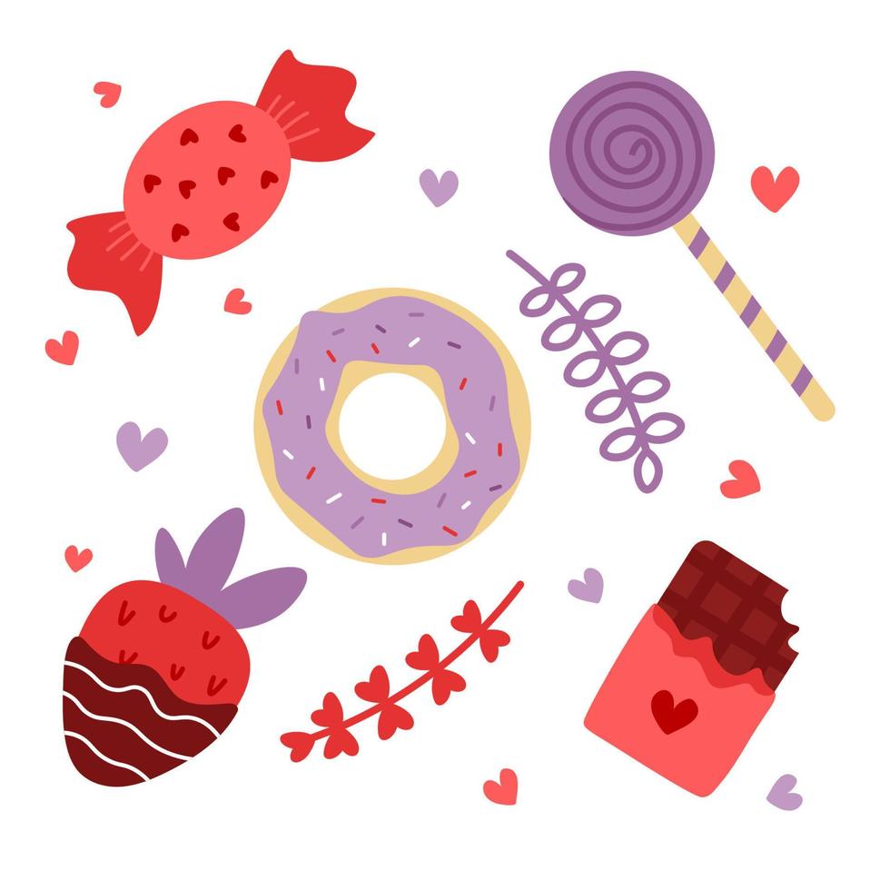 dulces lindos vectoriales. Fresa cubierta de chocolate. donut y piruleta. pegatinas vector