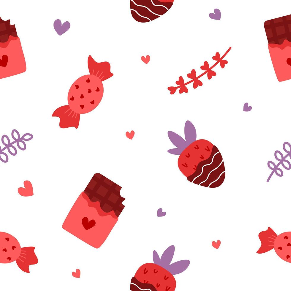 Vector romantic seamless pattern. Cute pattern with sweets, leaves and hearts. Valentine's day background with candy.