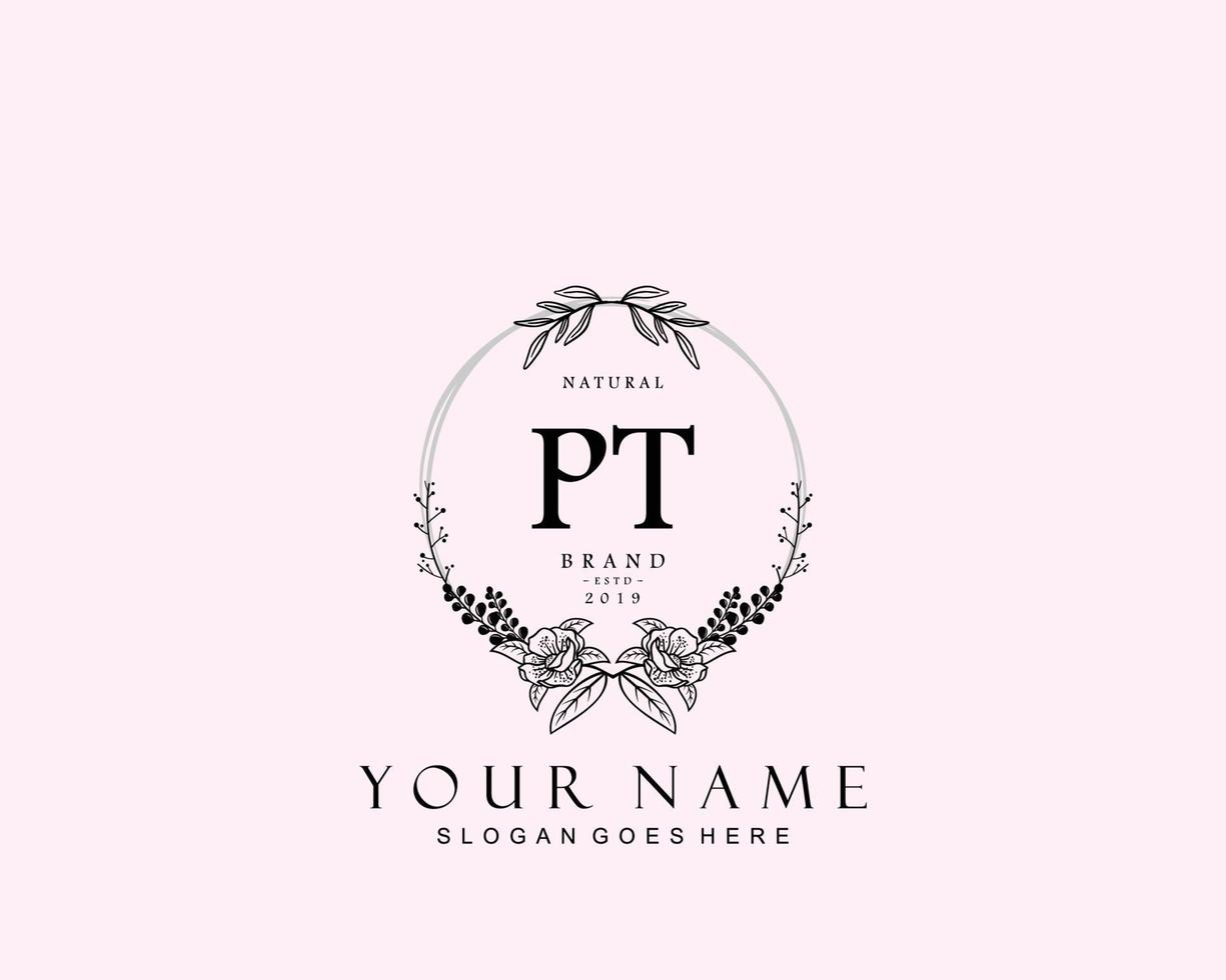 Initial PT beauty monogram and elegant logo design, handwriting logo of initial signature, wedding, fashion, floral and botanical with creative template. vector