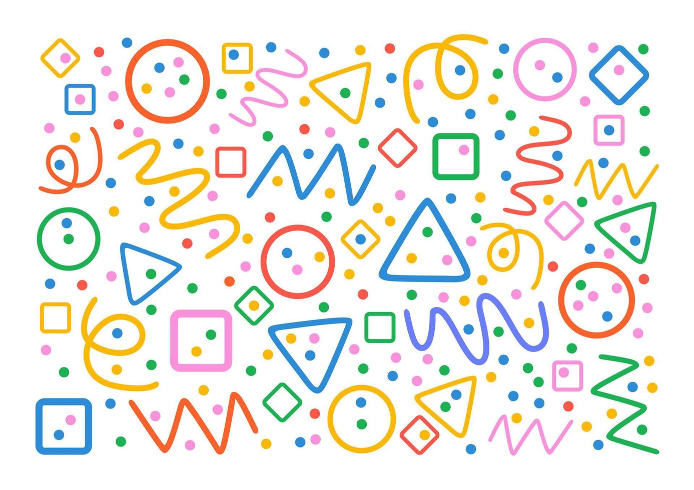 Colorful pattern. Circles, triangles, serpentine, dots, squares, rhombus and zigzag. Fun colorful line doodle shape background. vector
