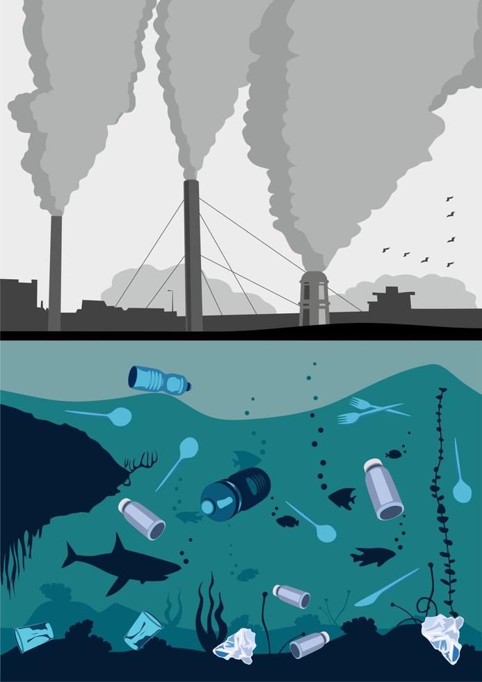 Underwater life template. Ocean bottom with seaweeds. Marine scene. Stop plastic pollution. Plastic bottles, bags, knifes, spoons, forks. Air pollution. Birds. Sky. Environment. Dangerous industry vector