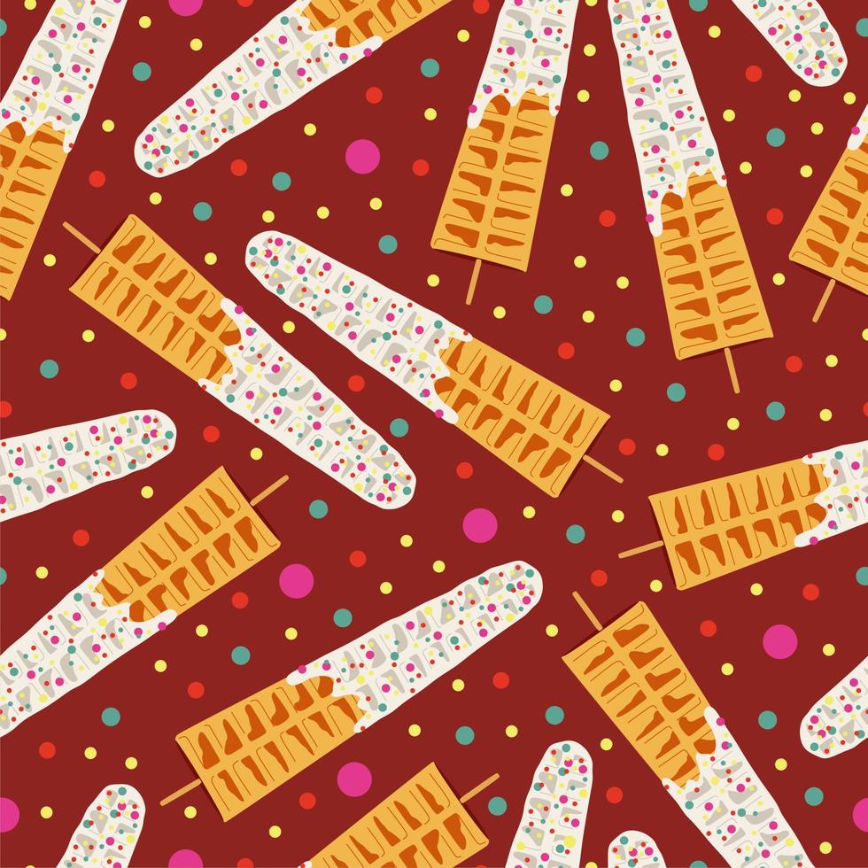 Sweet food and dessert food, vector seamless pattern of golden brown homemade corn dog or hot dog waffle on a stick in various flavors decorations and white chocolate. Print, textile, fabric, wrapping
