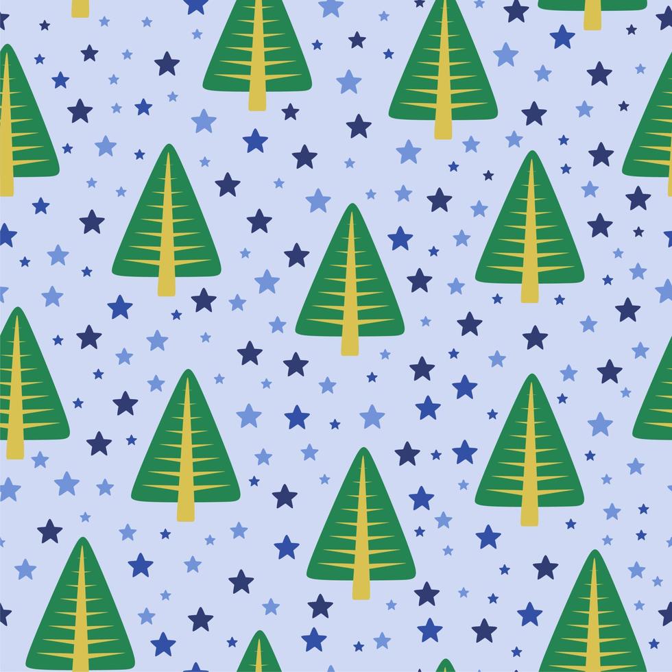 Happy New Year and Merry Christmas seamless pattern. Stars and trees. Forest and sky. Winter time. Wrapping paper, print, textile, fabric. vector