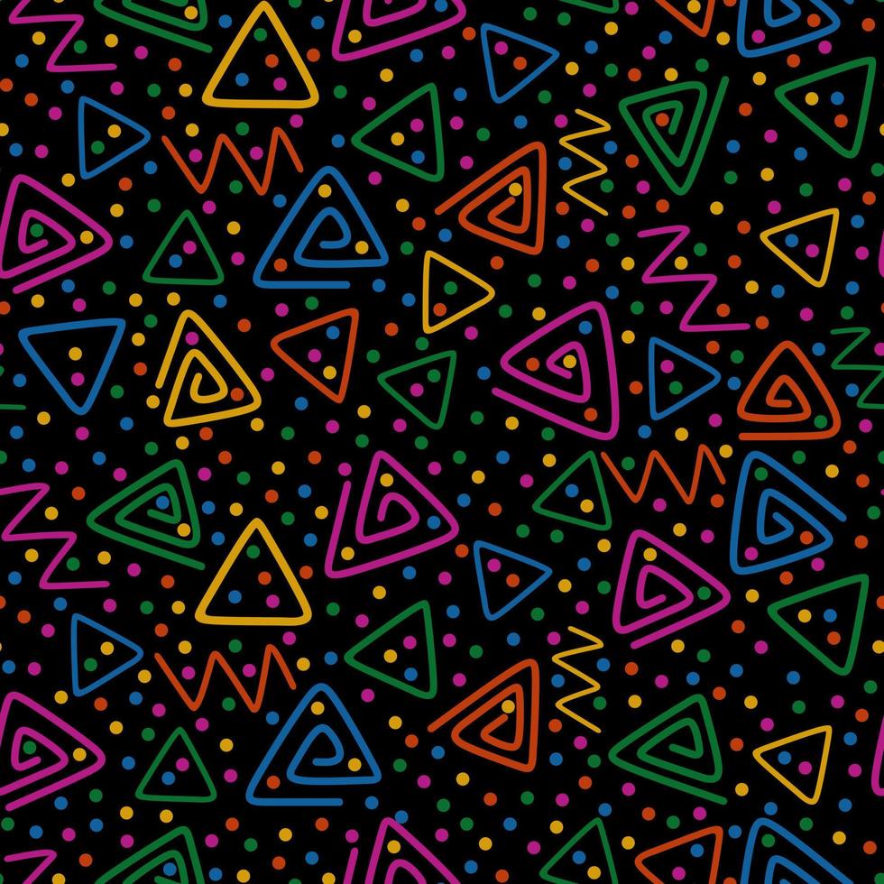 Colorful seamless pattern on black background. Triangles, serpentine, dots and zigzag. Fun colorful line doodle shape background. Abstract. Textile, print, fabric, wrapping paper. vector