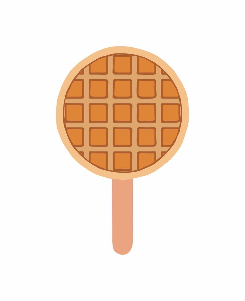 Sweet food and dessert food, vector illustration of golden brown circle homemade corn dog or hot dog waffle on a stick.