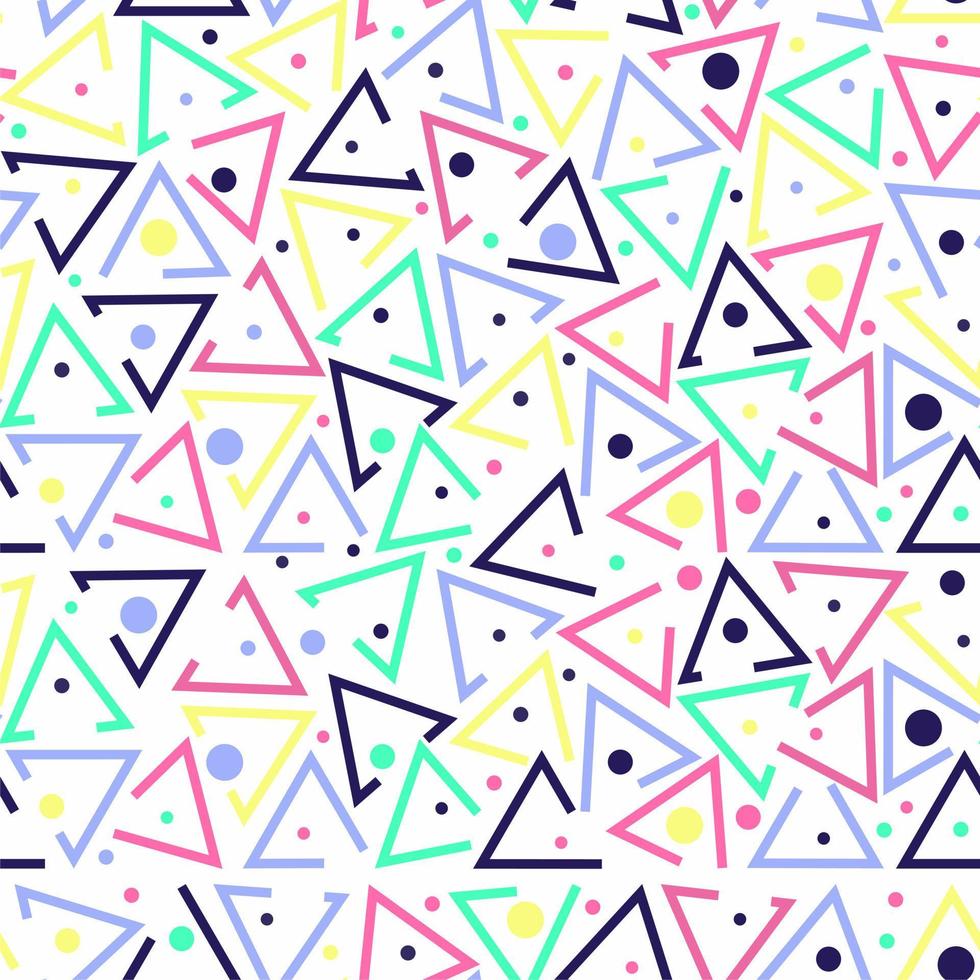 Colorful seamless pattern. Circles, dots and stylized triangles. Fun colorful line doodle shape background. Abstract wrapping paper, print, textile, fabric. vector