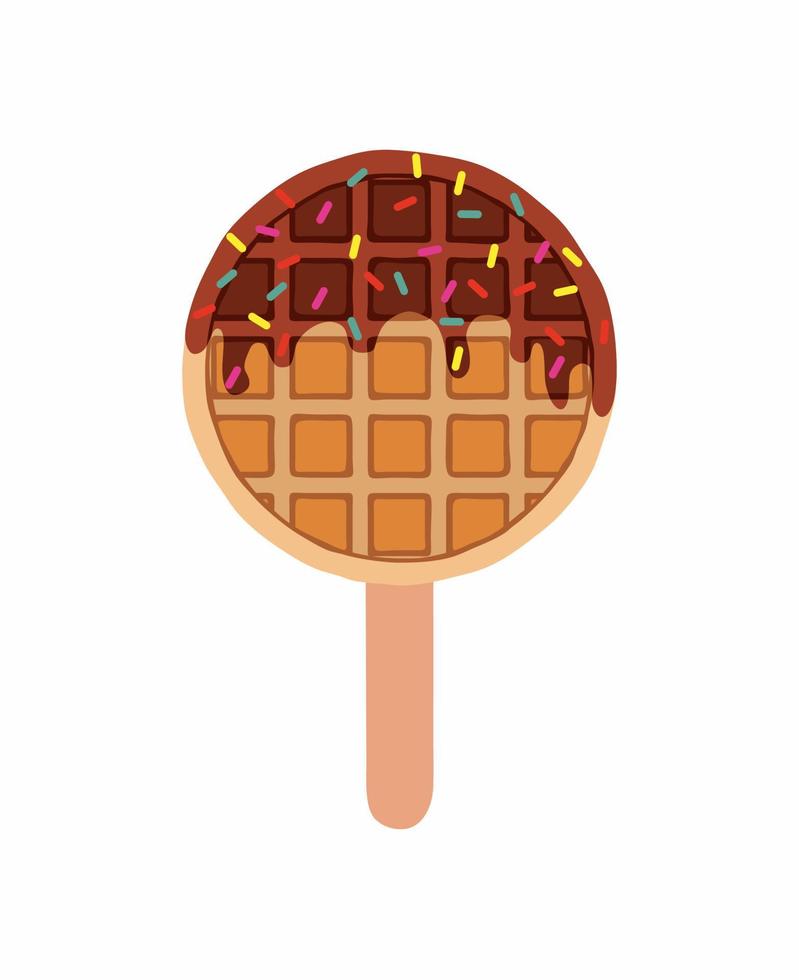 Sweet food and dessert food, vector illustration of golden brown circle homemade corn dog or hot dog waffle on a stick with black chocolate and different flavors.