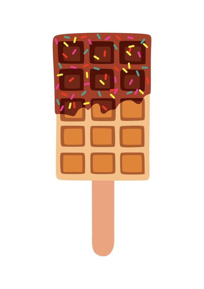 Sweet food and dessert food, vector illustration of golden brown homemade corn dog or hot dog waffle on a stick in various flavors decorations and dark chocolate.
