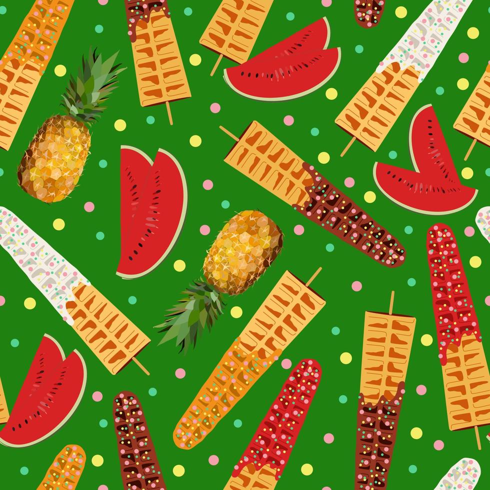 Sweet food and dessert food, vector green seamless pattern of golden brown homemade corn dog or hot dog waffle on a stick in various flavors decorations and chocolate. Watermelon, pineapple. Print.