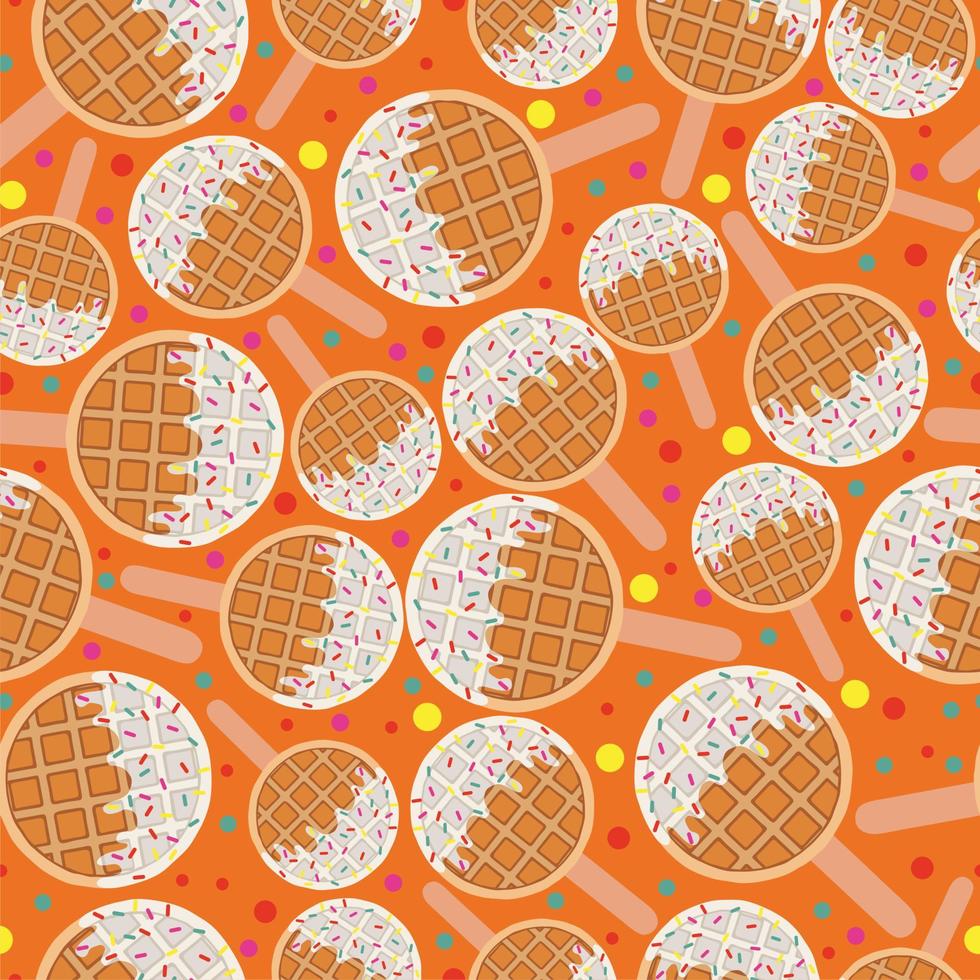 comida dulce y comida de postre, patrón vectorial sin costuras de waffle de maíz casero marrón dorado circular en un palo en varios sabores, decoraciones y chocolate blanco. impresión, textil, tela, envoltura. naranja vector