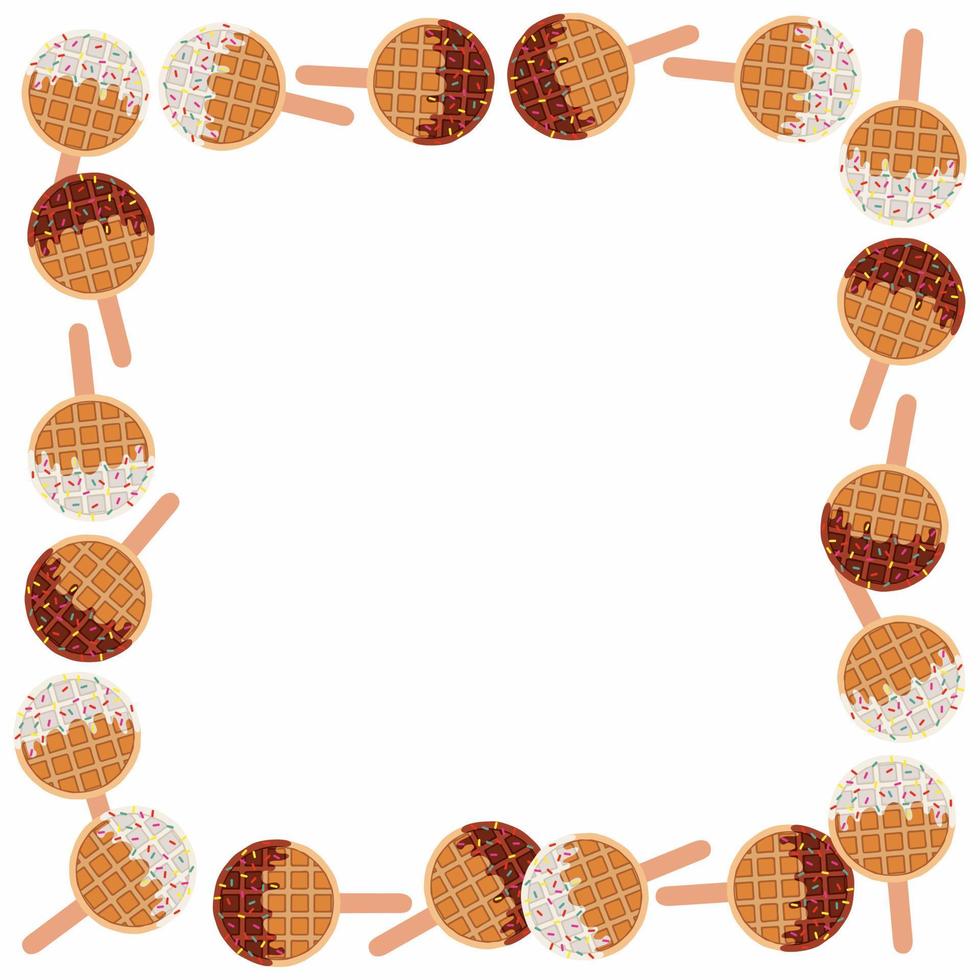 Sweet food and desserts food of circle golden brown homemade corn dog or hot dog waffles on a stick in various flavors decorations and white, black chocolate. Frame, border. Empty space for text. vector
