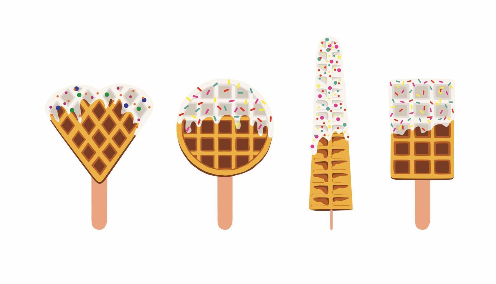 Sweet food and dessert food, vector set illustration of golden brown homemade corn dog waffle on a stick in various flavors decorations and white chocolate. Collection or group. White chocolate. Heart