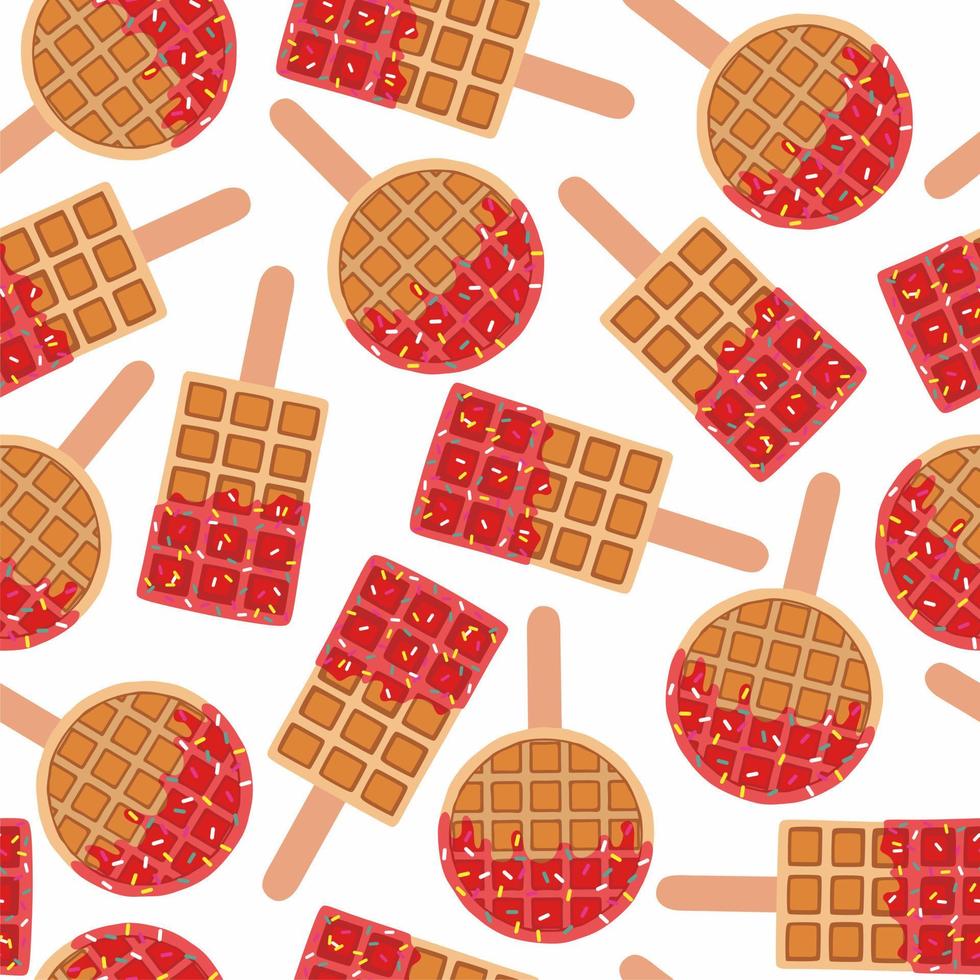 Sweet food and dessert food, vector seamless pattern of golden brown homemade corn dog or hot dog waffle on a stick in various flavors decorations and red strawberry chocolate. Print, textile, fabric.