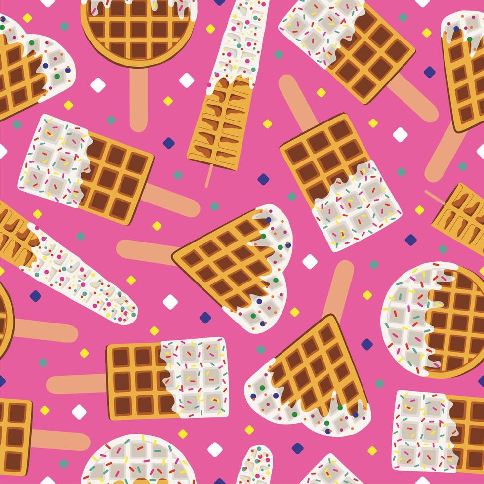 Sweet food and dessert food, vector seamless pattern of golden brown homemade corn dog or hot dog waffle on a stick in various flavors decorations and white chocolate. Print, textile, fabric. Pink