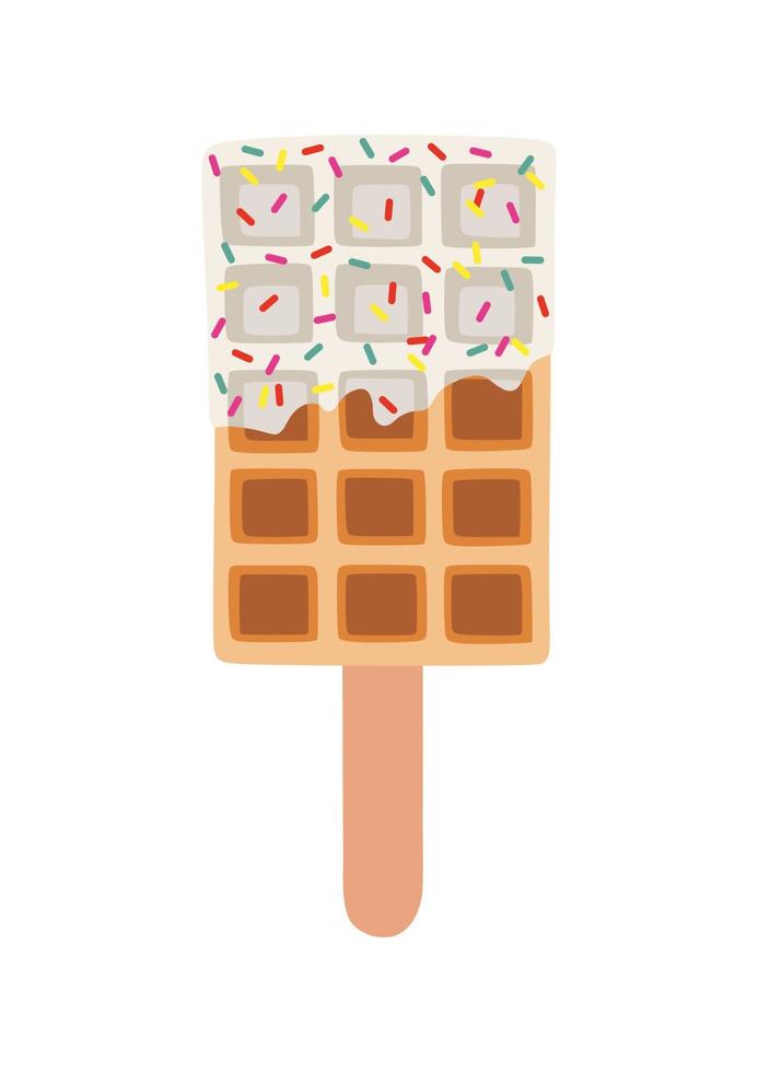Sweet food and dessert food, vector illustration of golden brown homemade corn dog or hot dog waffle on a stick in various flavors decorations and white chocolate.