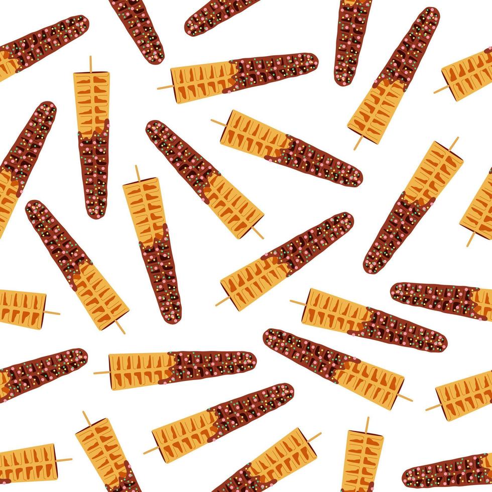 Sweet food and dessert food, vector seamless pattern of golden brown homemade corn dog or hot dog waffle on a stick in various flavors decorations and chocolate. Print, textile, fabric, wrapping.