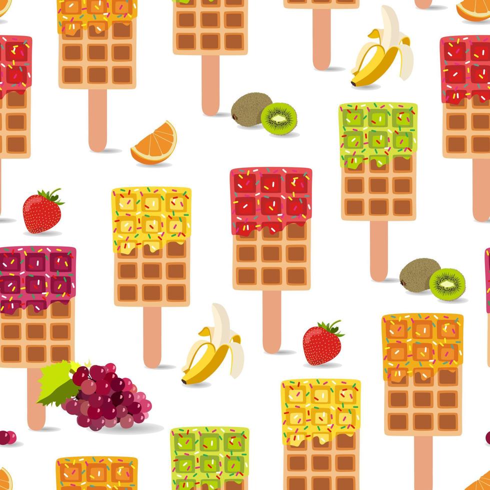 Golden brown homemade corn dog or hot dog waffle desserts seamless pattern. Summer time. Banana, orange, strawberry, grape, kiwi flavors. Isolated on white background. Print, textile, fabric, wrapping vector