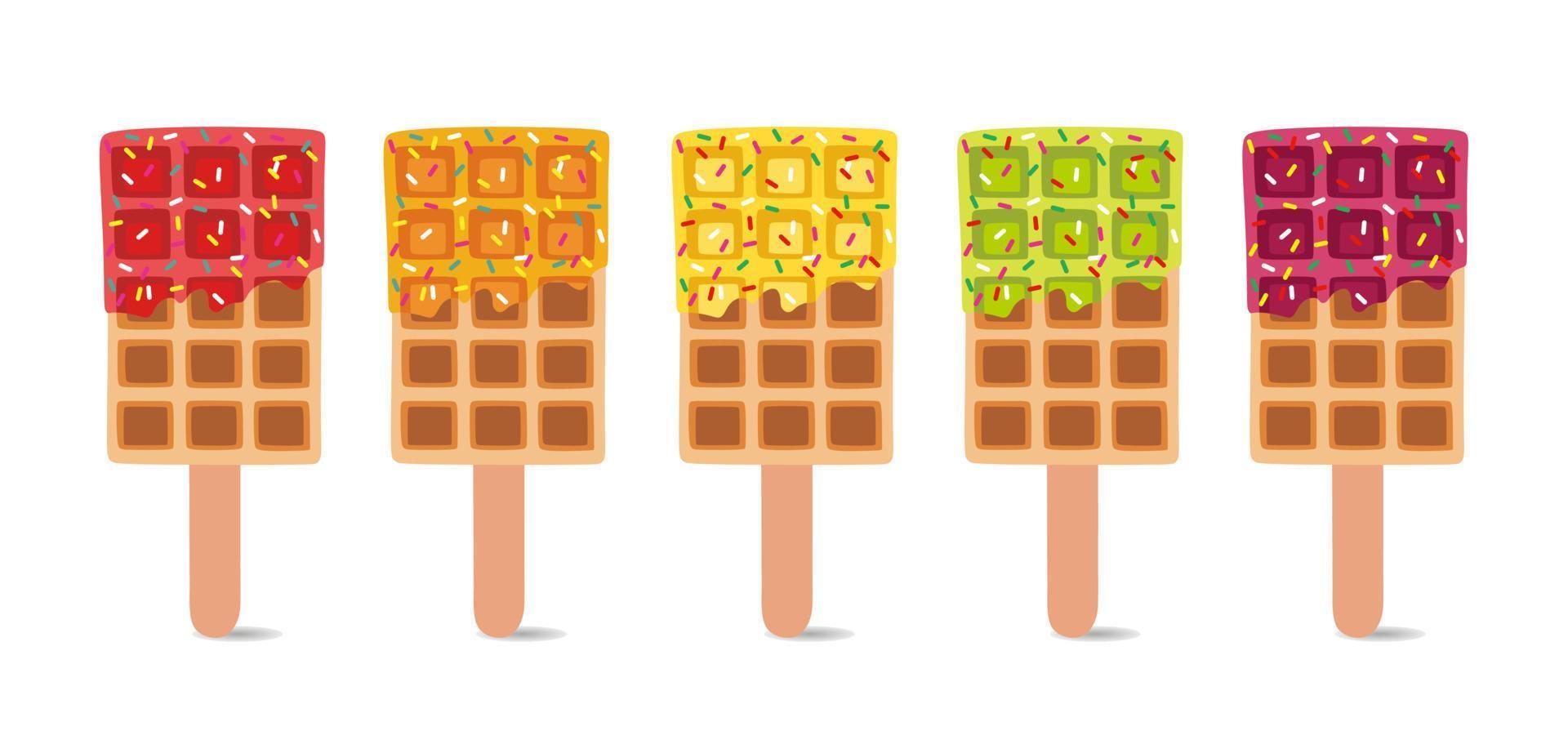 Sweet food and dessert food, vector set illustration of golden brown homemade corn dog or hot dog waffle on a stick in various flavors decorations and different chocolate flavors. Collection or group.