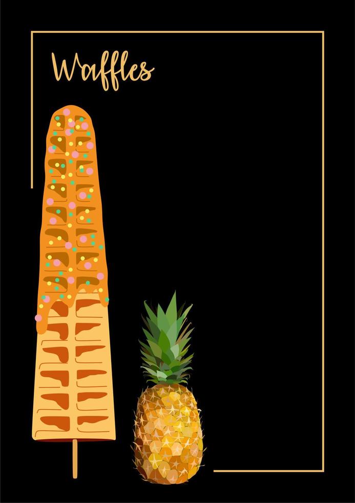 Sweet food and dessert food, vector illustration of golden brown homemade corn dog or hot dog waffle on a stick in various flavors decorations and pineapple chocolate. Card. Menu. Empty space for text