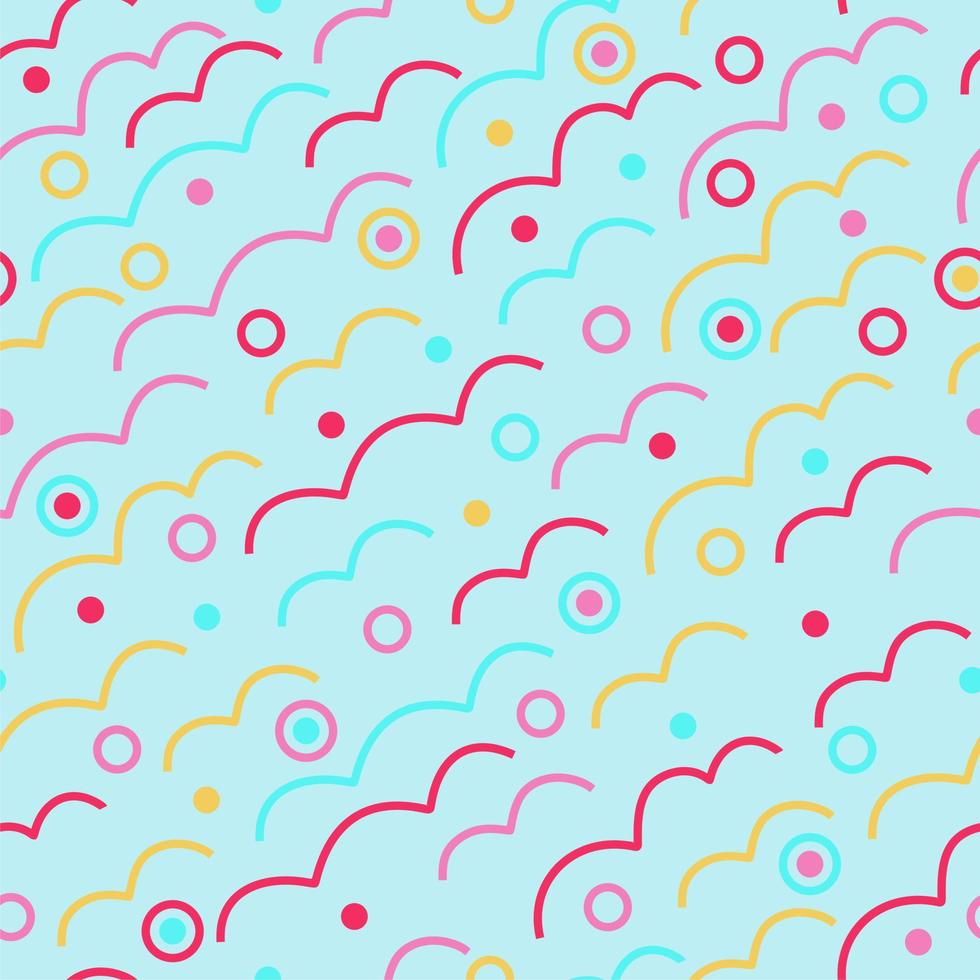 Wavy lines and circles, dots on light blue background. Seamless pattern. Doodle abstract print, textile, fabric, wrapping paper. Stylized lines of clouds.... vector