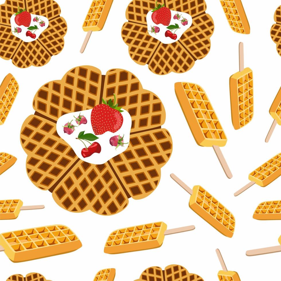 Valentines day sweet lunch. Seamless pattern. Hearts shape pastry. Waffles on sticks. Sweet cookies. Love day. Homemade waffles. Dessert. Print, fabric, textile, wrapping paper. Strawberry. Cream. vector