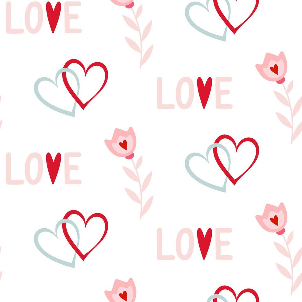 Seamless pattern of love words, intertwined hearts and flowers, on isolated background. Design for celebration Valentines Day, wedding, mothers day. For greeting cards, scrapbooking or home decor. vector