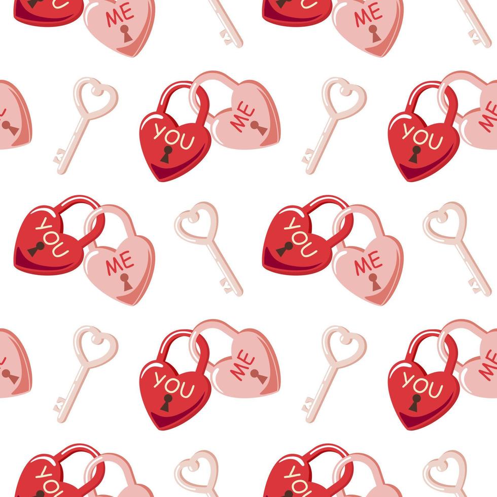 Seamless pattern of heart intertwined love locks and keys on isolated background. Romantic love design for love and wedding day celebration, greeting cards, invitations, scrapbooking, paper crafts. vector