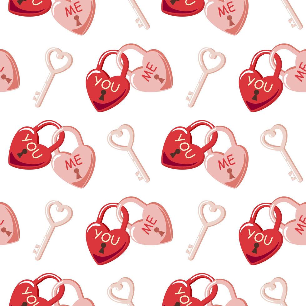 Seamless pattern of heart intertwined love locks and keys on isolated background. Romantic love design for love and wedding day celebration, greeting cards, invitations, scrapbooking, paper crafts. vector