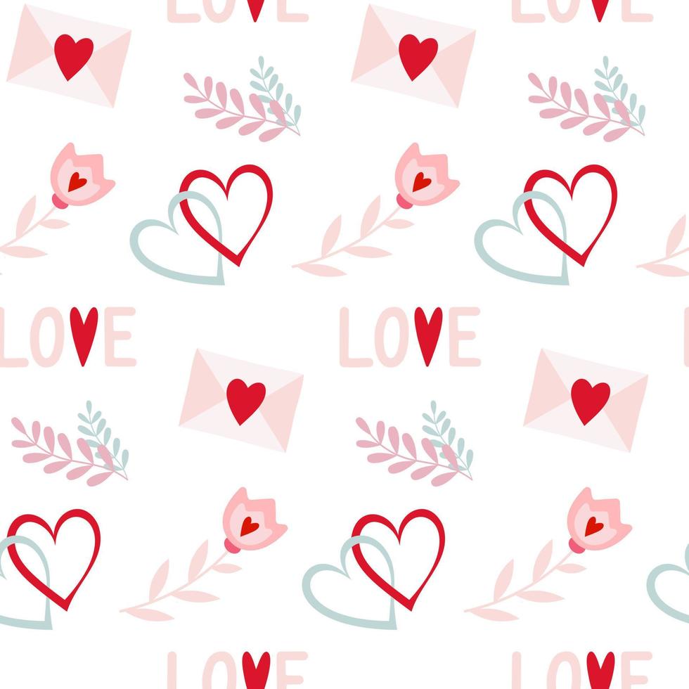 Seamless pattern of love words, intertwined hearts, love letter and flowers, on isolated background. Design for celebration Valentines Day, wedding, mothers day. For greeting cards or scrapbooking. vector