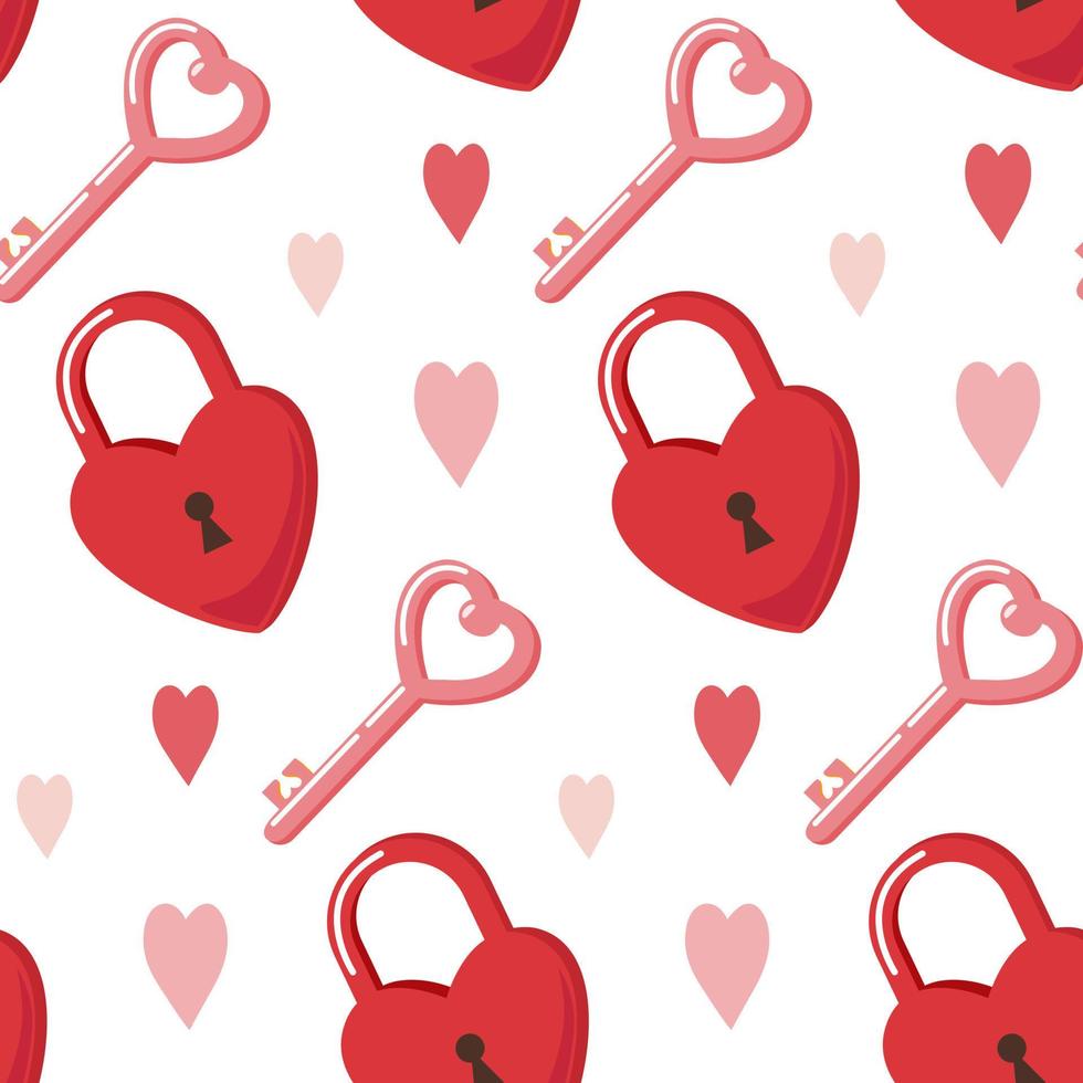 Seamless pattern of lovelock, love key and hearts on isolated background. Design for celebration Valentines Day, wedding, mothers day. For greeting cards, scrapbooking or home decor. vector