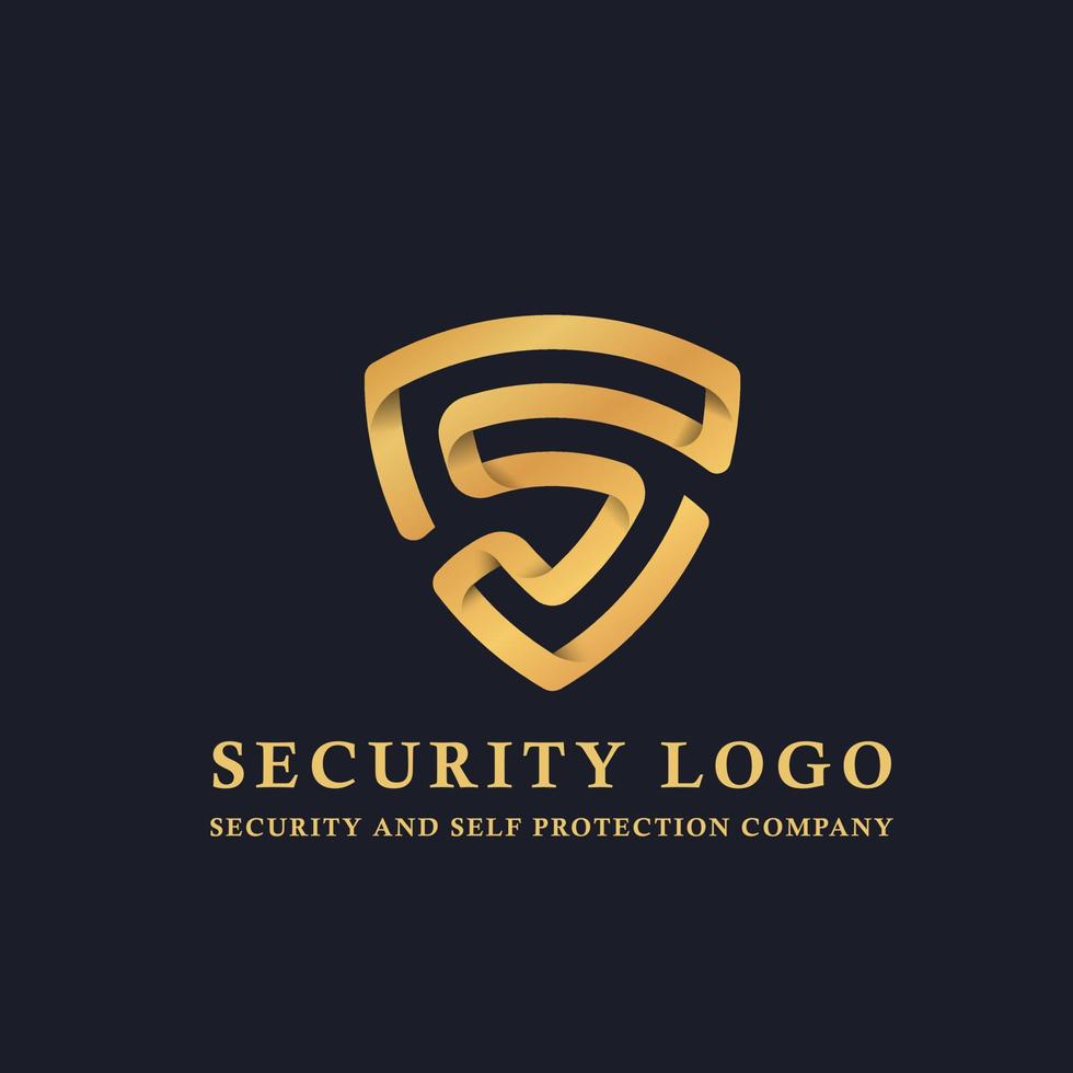 Gold security logo and business card template. Shield sign in line, flat style with overlapping effect. Vector illustration.