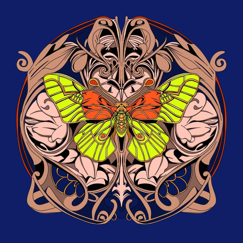 Hand drawn flying butterfly illustration ornament frame vector