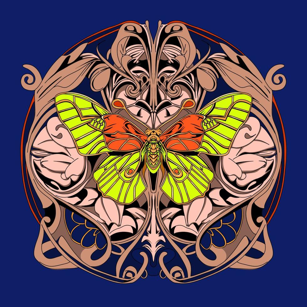 Hand drawn flying butterfly illustration ornament frame vector