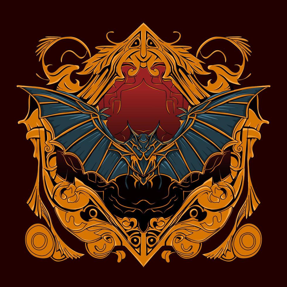 Hand drawn flying bat illustration ornament frame vector